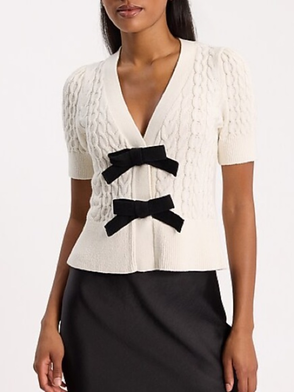 Women’s Express Cable Knit Double Bow Short Sleeve Cardigan Ivory Size L BNWoT
